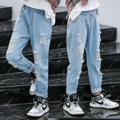 Girls' childrens clothing spring and summer hole jeans summer loose childrens pants big girls' fashion casual denim pants