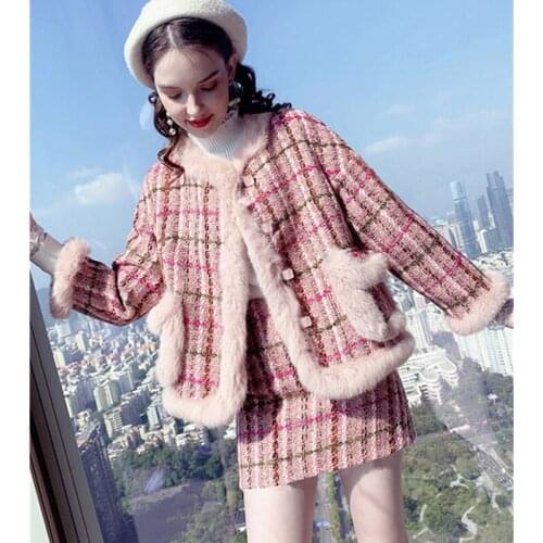 Elegant Pink Plaid Tweed Set Women Cute Faux FUr Collar Round Neck Tweed Jacket and Mini A line Skirt Suit Christmas 2 piece Set