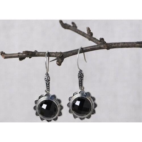 FNJ Sunflower Earrings 925 Silver Original Pure S925 Sterling Silver Drop Earring for Women Jewelry Round Black Agate