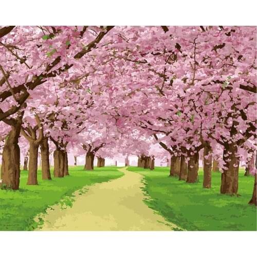 GATYZTORY DIY Painting By Numbers Sakura Road Landscape HandPainted Art Gift Scenery Canvas Drawing Home Decor 60x75cm Frame