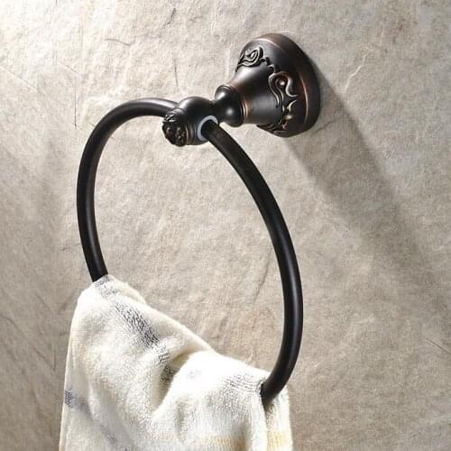 Black Oil Rubbed Brass Bathroom Wall Mounted Towel Ring Holder Bathroom Accessories Bath Hardware Carved Flower Base mba446