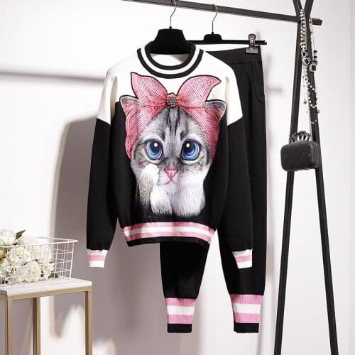 Fashion Tracksuit Knitted Outfits Women 2pc Tracksuit Beading Cartoon Print Sweater Long Pencil Pants Set Female Loose Knit Suit