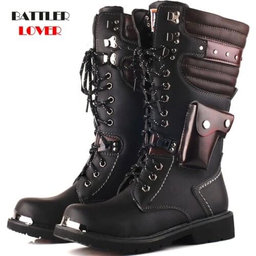 Motorcycle Boots Male Shoes Army Boots Mens Military Boots 2019 Leather Winter Black Cowboy Snow Metal Gothic Pocket Punk Boots