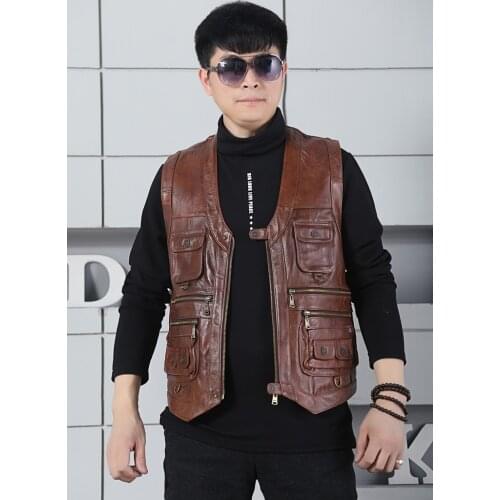 Mens Real Motorcycle Biker Multiple pockets Cow Genuine Leather Vest Men Waistcoat Sleeveless Jacket Tank Top