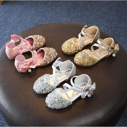 New summer Children Shoes Casual Girls Princess Flat Party Shoes Fashion Sequins Bow Pearl Kids Shoes Size 21-36
