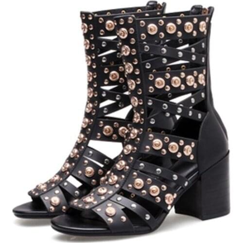 New Girls Punk Metal Gold Rivets Leather Straps Women Ankle Boots Sexy Open toe Ladies Chunky High Heel zipper Sandals Boots