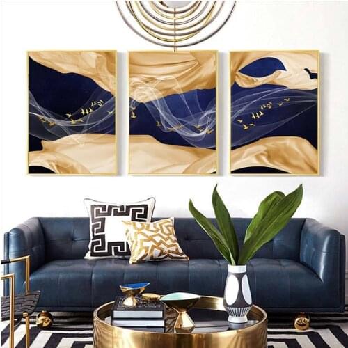 Modern Abstract Gold Blue Picture Bird Wall Art Canvas Paintings Nordic Art Posters Prints Wall Pictures Decor for Living Room