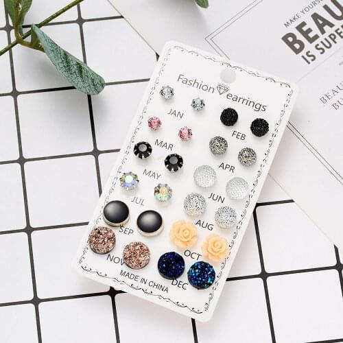 SUMENG 12 Pairs 2020 New Fashion Earrings For Women Assorted Crystals Druzy Stone Resin Stone Round Stud Earrings Set Gifts