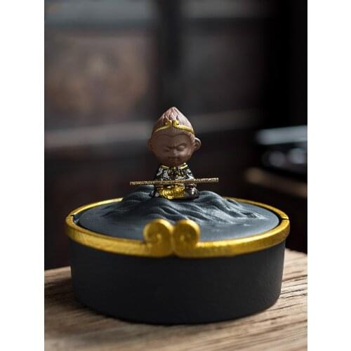 Creative gold hoop stoneware ashtray black pottery windproof with cover car bedroom home fashion ashtray ornaments