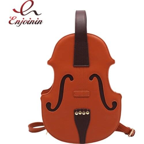 Fun Brown Violin Shape Pu Leather Shoulder Bag for Teenage Girls Fashion Backpack Travel School Bag Multiple Using Women Pouch