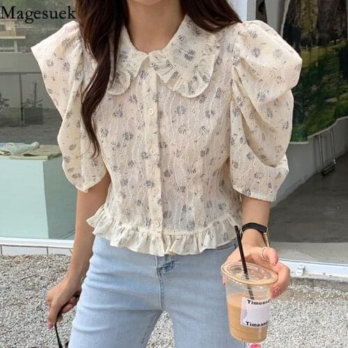 2021 Korean Shirt for Women Summer Bubble Short Sleeve Floral Sweet Women Tops Doll Collar Office Lady Top Female Blusas 14387