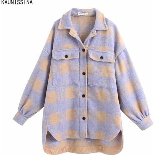 Women Fashion Oversized Plaid Woolen Jacket Coat Vintage Pocket Asymmetric Female Outerwear Chic Tops Streetwear Jackets