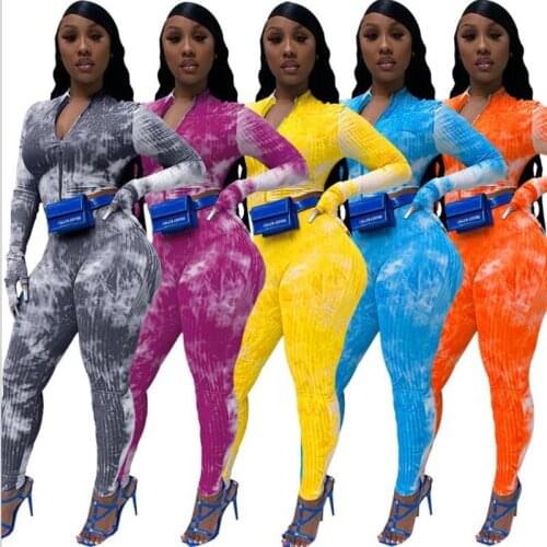 CM.YAYA Autumn Ribbed Tie Dye Print Womens Set Knitted Zipper Sweater Tops Pants Suit Tracksuit Matching Two Piece Set Outfits