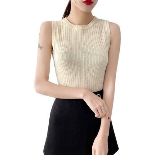 Knitted Tops Women O-Neck Solid Color Casua Tank Top Sleeveless Casual Slim Korean Style Slim Vest