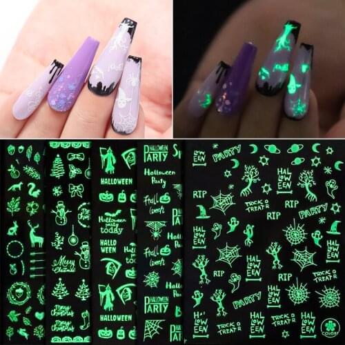1PCS Glowing Halloween Nail Art Sticker Nail Foil White Black Luminous 3D Adhesive Slider Christmas Manicure Decal Decorations