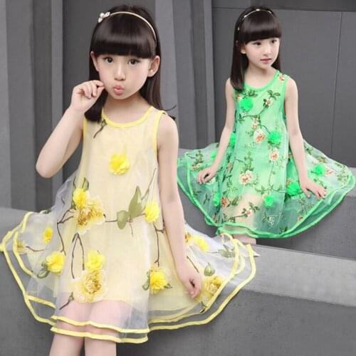 2017 Flower Mesh Princess Big Girls Dress Summer Baby Children Sleeveless Birthday Party Kids Dresses For Girls Vestido JW1645