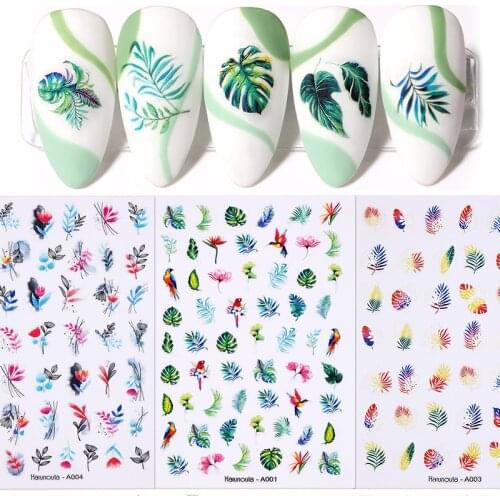 Harunouta Green Leaf Design 3D Nail Sticker Spring Summer Colorful Birds Blooming Flower Sliders Transfer Decals For Nails