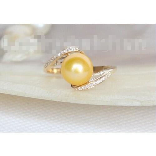 Free shipping >>>>>>AAA 9mm round yellow golden south sea pearls Rings NEW solid gold 8# j10674
