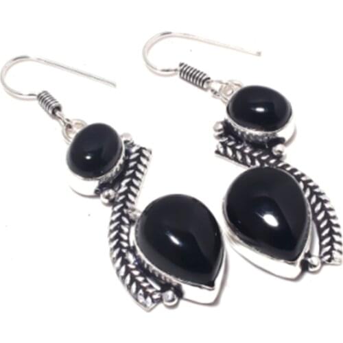 Black Onyx , Silver Overlay on Copper Earrings ,54 mm , E3729