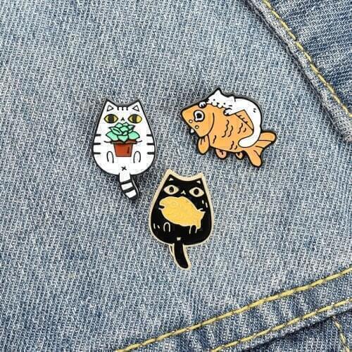 Children Jewelry Funny Animal Cats Fish Enamel Pins Brooches Bag Clothes Lapel Pin Cute Kitten Badge Gift for Friends