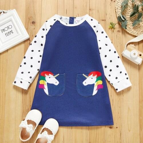 PatPat Toddler Girl Polka dots Long-sleeve Unicorn Print Denim Dress