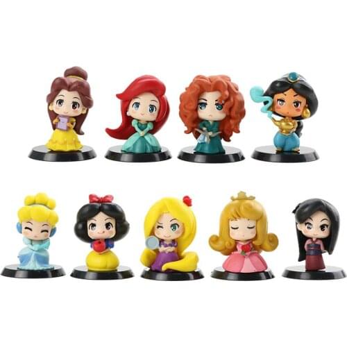9pcs Disney Princess Action Figure Snow White Belle Alice Tangled Rapunzel Jasmine Mulan Cinderella Doll Toys Model Xmas Gift