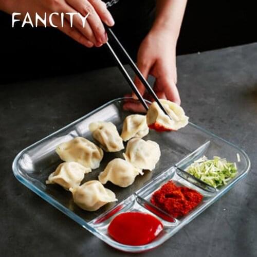 FANCITY Tempered glass plate household heat-resistant tableware round square divider plate fruit plate dried fruit divided plate