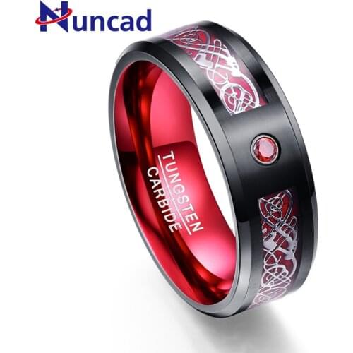 Black surface drage engrave red zircon innerside 8mm width 100% genuine wedding band tungsten carbide rings for men