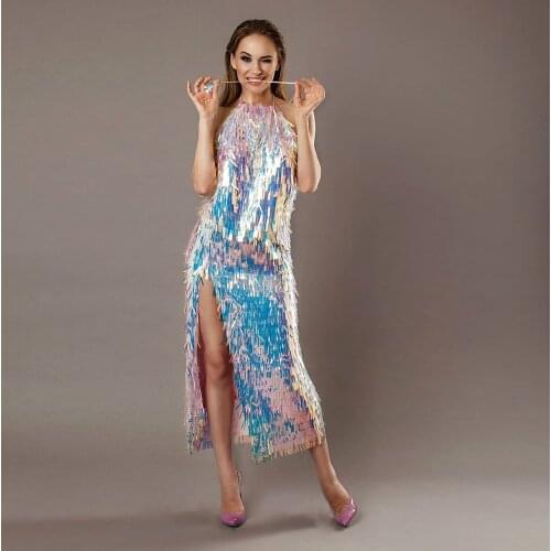 Colorful Elegant Fashion Evening Dress Sequins Halter Backless Long Length High Split Celebrity Dress Dubai Prom Dress Plus Size
