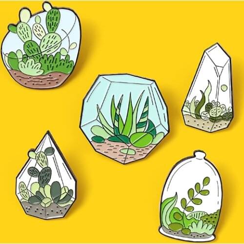 Cute Green Plant Botany Cactus Enamel Brooches Pins Potted Herb Barbed Succulent Plants for Friends Kids Badges Gifts Jewelry