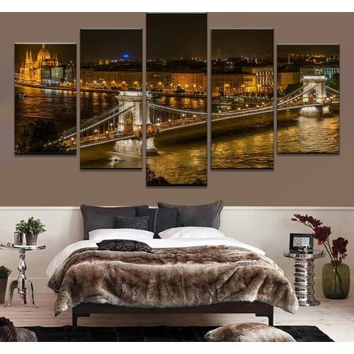 Modular Vintage Night View Pictures 5 Panel Hungary City Home Decor Paintings On Canvas Bridge Wall Art For Living Room HD Print