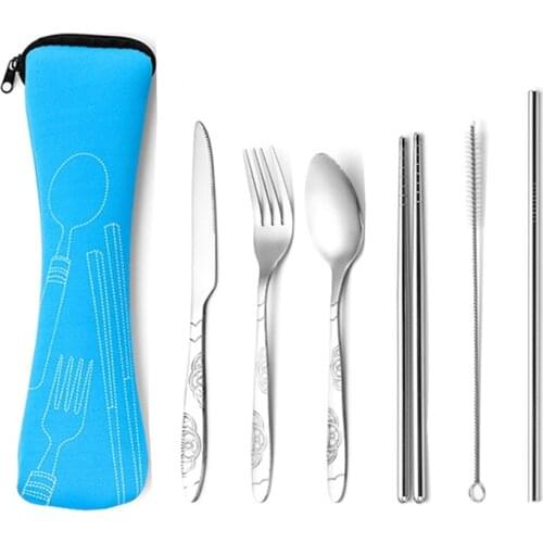 6Pcs/set Portable Stainless Steel Cutlery Set Flower Painting Fork Straw Dinner Tableware Set Tableware Case Kit For Camping