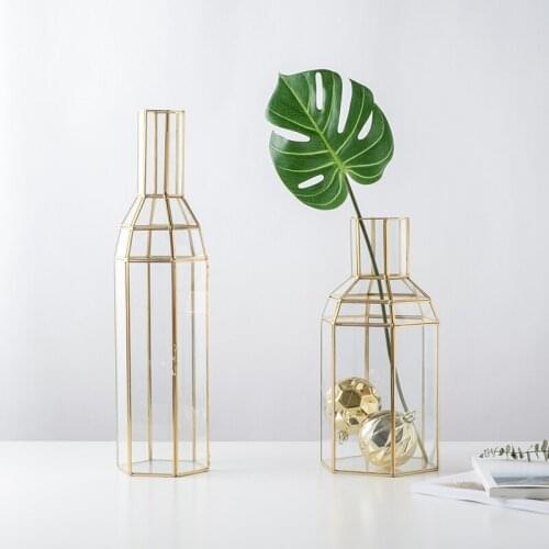 Handmade Copper Strip Glass Vase Flower Arrangement Desktop Candle Light Decoration Bottle Vintage Home Decoration