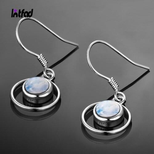 Sterling Silver 925 Earrings Fashion Round Natural Moonstone Drop Earrings for Women Wedding Engagement Ear Jewelry