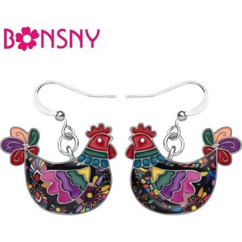 Bonsny Statement Alloy Enamel Hen Chicken Earrings Dangle Stud Fashion Animal Jewelry For Women Girls Gift Charms Decoration