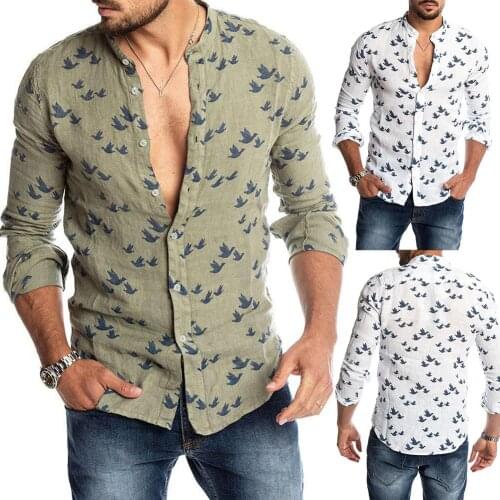 Spring Autumn Casual Men Pigeon Print Buttons Long Sleeve Fashion Pure Shirt Linen Slim Top Hot Sales Comfortable For