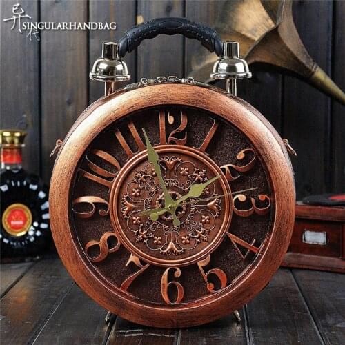 Alarm clock bag creative clock shape PU leather handmade female handbag shoulder bag clock can run