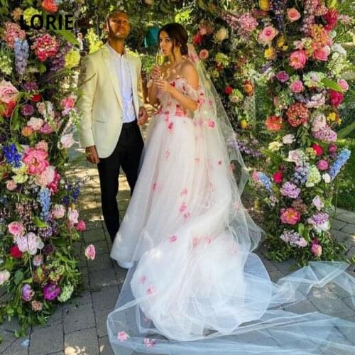 LORIE Princess Wedding Dresses off the Shoulder White and Pink Wedding Gown Flowers Custom Made Boho Bridal Dress 2021