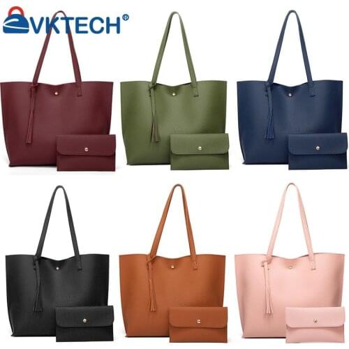 Women PU Leather Solid Color Shoulder Shopping Bag Casual Ladies Large Capacity Tote Handbags Mini Purse 2pcs Composite Bags