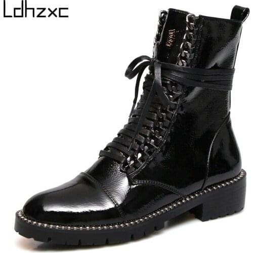 LDHZXC Quality Genuine Leather Ankle Boots women Round Toe Riding high heels Boots Warm Autumn Winter Nigh Club Punk Shoes Woman