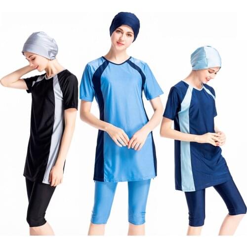 2021 Womens Color Block Surfing Suit Modest Short Sleeve 3 Piece Swimsuit Swimwear Muslim Islamic Burkini Costume Top Pants Cap