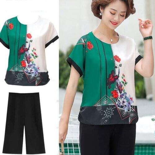 New Summer Suit Women Short-sleeved T-shirt pant Two-piece outfits Sets Printed Pullovers Plus size matching Sets top and pants
