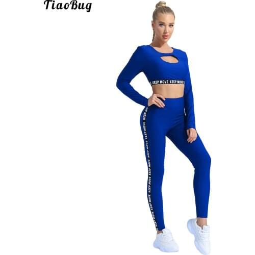 TiaoBug Women 2Pcs Solid Letter Print Sport Yoga Tracksuit Outfit Round Neck Long Sleeve Keyhole Crop Top With Leggings For Gym