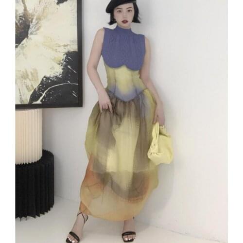 Getspring Women Dress Knitting Patchwork Sleeveless Sexy Dresses Color Matching Asymmetry Mesh Dresses Summer Clothing 2021 New