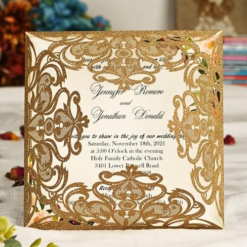 50PCS Gold Glitter Wedding Invitation with Envelope Laser Cut Hollow Flower Customized Bridal Shower Party Invite