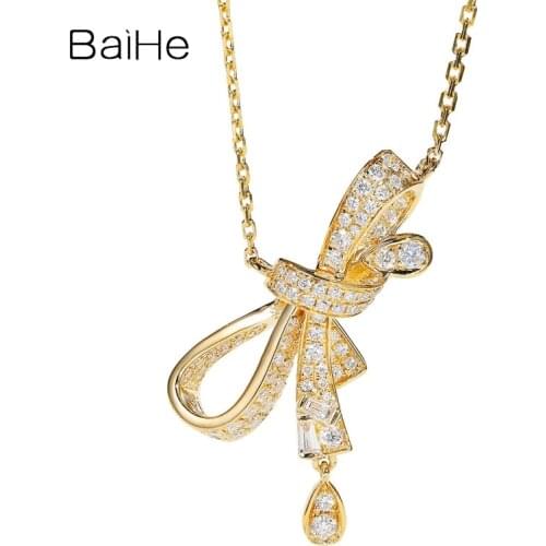 BAIHE Solid 18K White/Yellow/Rose Gold 0.50ct H/SI Natural Diamonds Engagement Gift Fine Jewelry Making Bowknot Necklaces Women