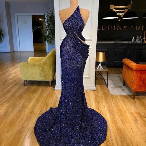 Glitter Purple Prom Dresses Sexy Sequins One Shoulder Mermaid Evening Dress Vintage Illusion Formal Party Gowns
