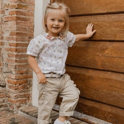 Baby Girl Floral Embroidery Blouse Cotton Infant Toddler Girl Pincess Retro Shirt Collar Short Sleeve Top Baby Clothes 1-7Y