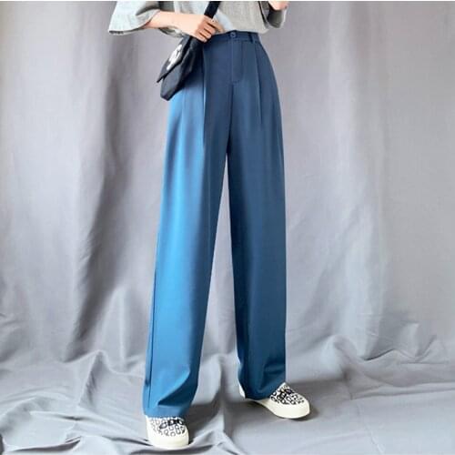 Elastic Waist Palazzo Pants Purple Green Wide Leg Pants Women High Streetwear Elegant Office Ladies Khaki Gray Trousers