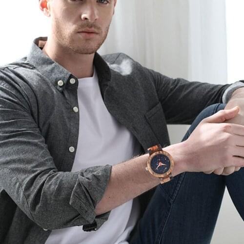 Mens Wristwatch Colorful Full Wood Watch Male Quartz Starry sky Dial Fold Buckle with Instruction Band Adjuster Gift for Father